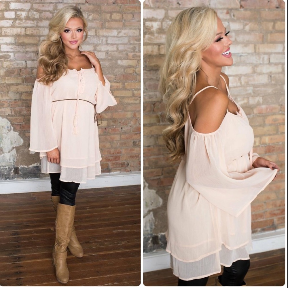 “Simple and Elegant” Off-Shoulder Blush Chiffon Tunic/Short Dress